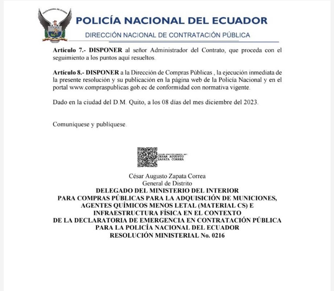 CarlosVerareal's tweet photo. La resolución de la #Policía de dic/23 en que declara #contratista incumplida con el #Estado a #HENDS que ahora califica el Ministerio de Defensa para concurso de cascos y chalecos… https://t.co/9XZCH9vmpb