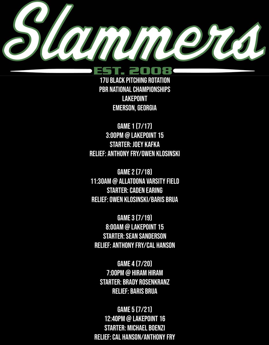 Here is the 17u Black pitching rotation for the <a href="/prepbaseball/">Prep Baseball</a> National Championships at <a href="/LakePointSports/">LakePoint Sports</a> this week from 7/17-7/23! <a href="/PrepBaseballGA/">Prep Baseball Georgia</a> @pbrtscouting <a href="/PBRTournaments/">Prep Baseball Tournaments</a> <a href="/GDBJr5/">Gary Bennett</a> <a href="/NealJames56/">NealCotts</a> <a href="/sgalanop9/">Stephen Galanopoulos</a>