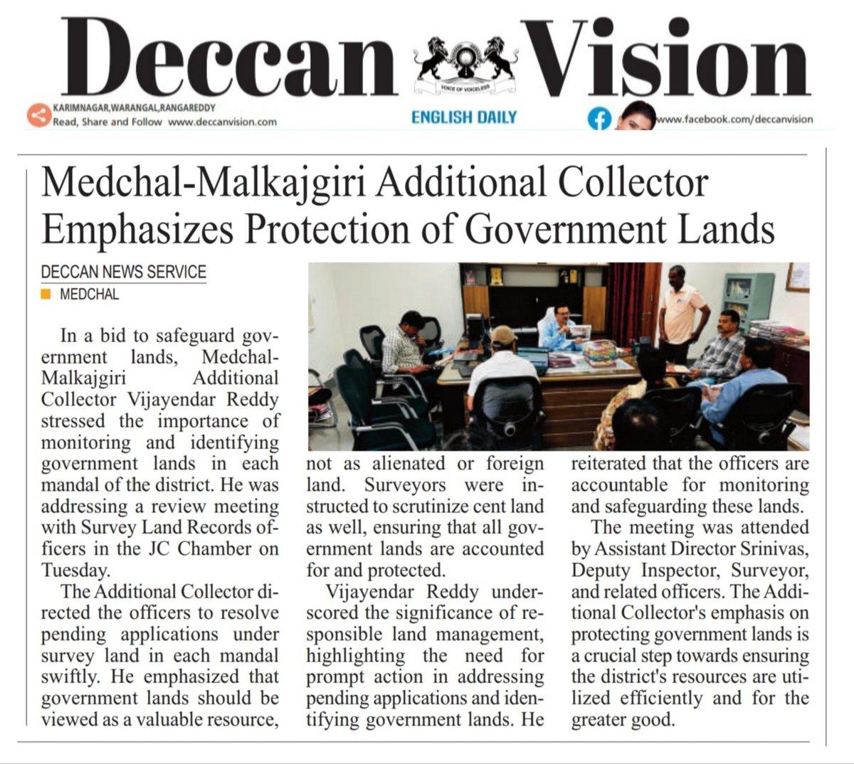DeccanEnglish's tweet photo. @Collector_MDL @ZC_Kukatpally1  @revanth_anumula @TelanganaCMO @TelanganaDGP @CPCyberabad @AddlCPTrCyb Today's news articles in Deccan Vision English Daily occoured in Balanagar and Medchal zone.. https://t.co/W45W77mnpd