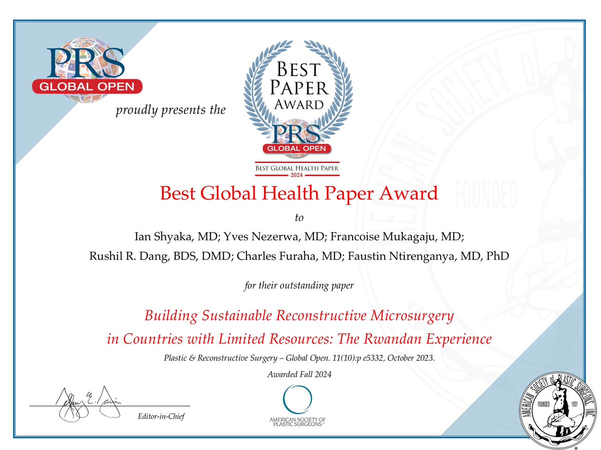 Ian Shyaka (@ianshyaka) on Twitter photo Congrats to our team <a href="/mgajufanny/">Gaju Francoise</a> <a href="/plasticsurgRda/">Charles Furaha</a> <a href="/Fostino21/">Prof. Faustin NTIRENGANYA</a> on the <a href="/PRSGlobalOpen/">PRS Global Open</a> Best Paper Award, 2024 🏆🎊! <a href="/ASPS_Members/">ASPS Members</a> #PRSGlobalOpen #plasticsurgery #GlobalHealth Congrats to our team <a href="/mgajufanny/">Gaju Francoise</a> <a href="/plasticsurgRda/">Charles Furaha</a> <a href="/Fostino21/">Prof. Faustin NTIRENGANYA</a> on the <a href="/PRSGlobalOpen/">PRS Global Open</a> Best Paper Award, 2024 🏆🎊! <a href="/ASPS_Members/">ASPS Members</a> #PRSGlobalOpen #plasticsurgery #GlobalHealth