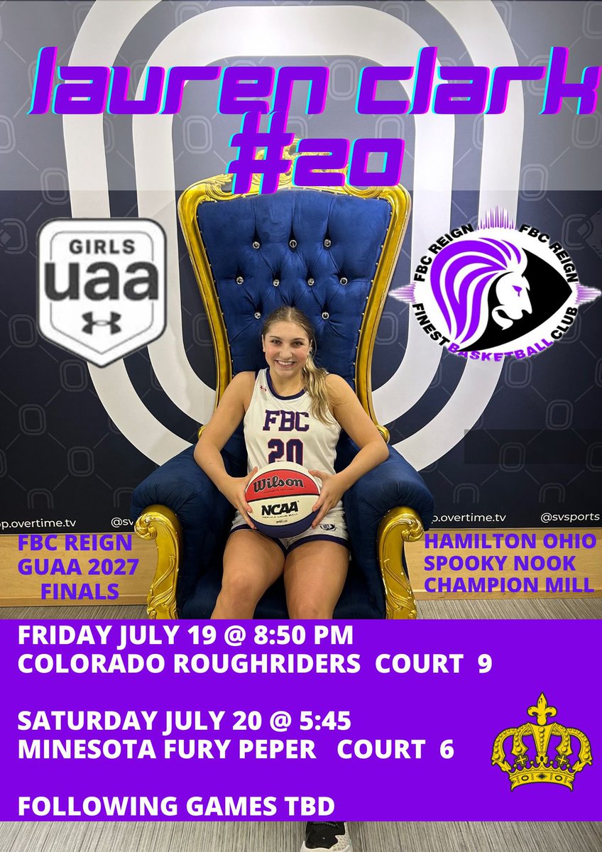 lauren (@lauren_clark20) on Twitter photo Last time to check me and my FBC Reign team mates out this year!!!! Catch us in Hamilton Ohio at Spooky Nook Champions Mill July 19-22 at The GUAA Finals. 🔥🔥🔥
<a href="/2027Fbcreign/">FBC Reign 2027 GUAA</a> <a href="/rfvann24/">Rachel Vann</a> <a href="/CoachVann35/">Justin Vann</a> <a href="/JrAllStarBB/">Jr. All-Star Girls Basketball</a> <a href="/JrAllStar_TN/">Tennessee Jr. All-Star Basketball</a> <a href="/PGHTennessee/">Prep Girls Hoops Tennessee</a> <a href="/UANextGHoops/">Girls UAA</a> <a href="/sm_ladypanthers/">Lady Panther BBall</a> Last time to check me and my FBC Reign team mates out this year!!!! Catch us in Hamilton Ohio at Spooky Nook Champions Mill July 19-22 at The GUAA Finals. 🔥🔥🔥
<a href="/2027Fbcreign/">FBC Reign 2027 GUAA</a> <a href="/rfvann24/">Rachel Vann</a> <a href="/CoachVann35/">Justin Vann</a> <a href="/JrAllStarBB/">Jr. All-Star Girls Basketball</a> <a href="/JrAllStar_TN/">Tennessee Jr. All-Star Basketball</a> <a href="/PGHTennessee/">Prep Girls Hoops Tennessee</a> <a href="/UANextGHoops/">Girls UAA</a> <a href="/sm_ladypanthers/">Lady Panther BBall</a>
