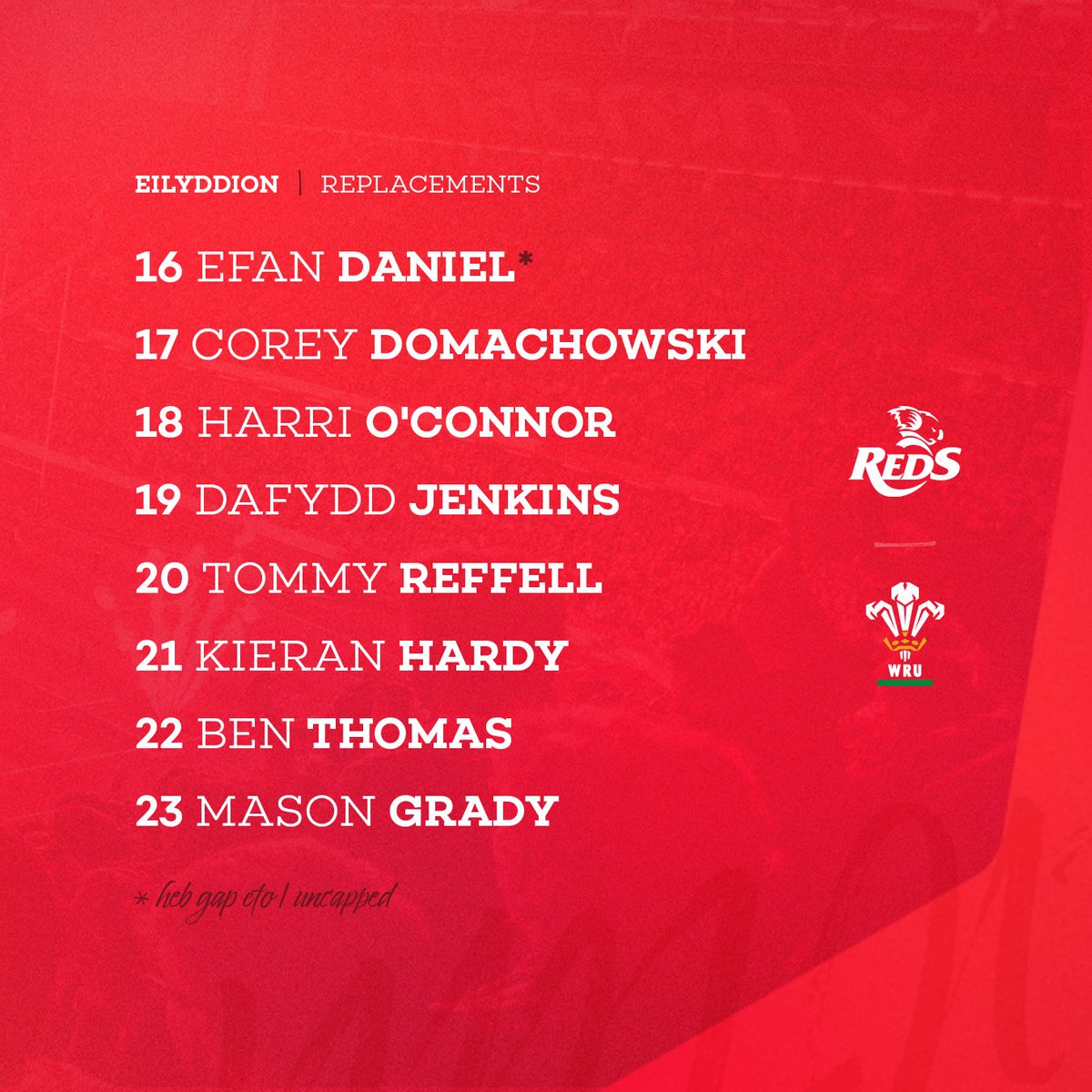 WelshRugbyUnion's tweet photo. 🏴󠁧󠁢󠁷󠁬󠁳󠁿󠁧󠁢󠁷󠁬󠁳  𝗧Î𝗠 𝗖𝗬𝗠𝗥𝗨  🏴󠁧󠁢󠁷󠁬󠁳󠁿

👊 The match day 23 for an uncapped fixture against @Reds_Rugby on Friday.

Read more below ⤵️