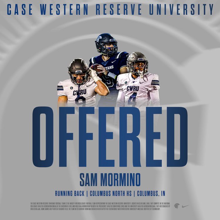 After a fun and great conversation with <a href="/jefframsey8/">Jeff Ramsey</a> , I am honored and very excited to receive an offer to play football at Case Western Reserve University!
<a href="/CWRUFootball/">CWRU Football</a> <a href="/Coach_Haston/">Logan Haston</a> <a href="/DogPackFB/">Columbus North FB</a>