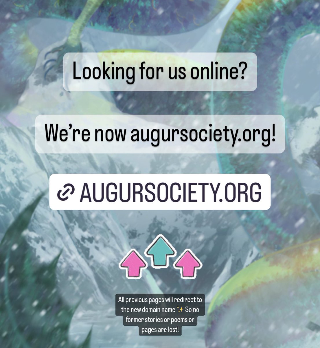 We WERE augurmag dot com…

And now we’re

AUGURSOCIETY DOT ORG ! 🤩✨

Following the release of our organizational changes, we’ve updated &amp; redirected our domain to reflect our future.

For now, the site is the same, but the address is new 💜