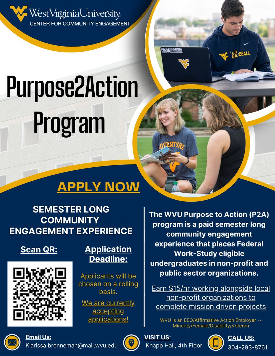 ✨ Interested in gaining hands-on experience in community engagement? Check out the WVU Purpose to Action (P2A) program! 🌟 Earn $15/hr while working with local non-profit organizations on mission-driven projects. 💼 Apply now! 📝 #CommunityEngagement #WVU