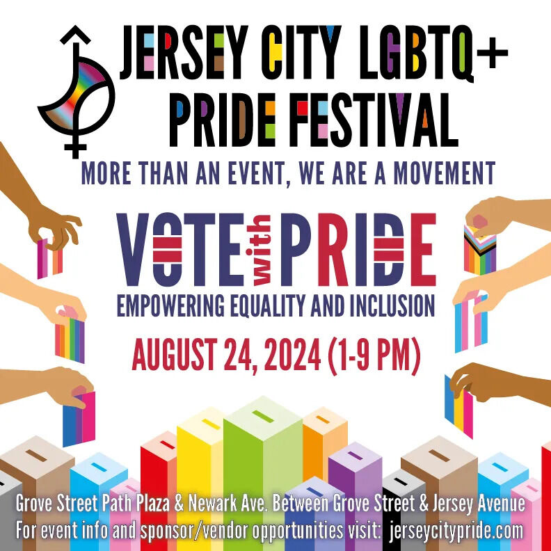 Join us for the 23rd Anniversary Jersey City LGBTQ+ Pride Festival! 🎉🏳️‍🌈 

📅 Date: August 24  
🕐 Time: 1:00 pm - 9:00 pm  
📍 Location: Newark Ave. Pedestrian Plaza, 325 Grove Street, Jersey City, NJ  

We are back and ready to deliver an unforgettable experience for all! Celeb