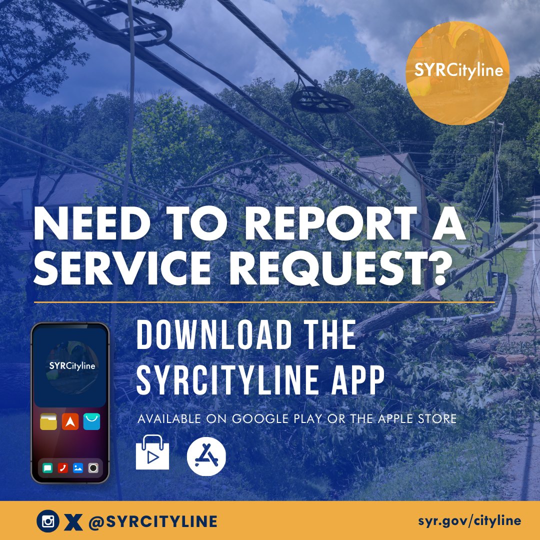 REMINDER: If you notice any downed power lines, trees, or outages with traffic lights, the fastest way to report it is on the #SYRCityline mobile app. Learn more at syr.gov/cityline.