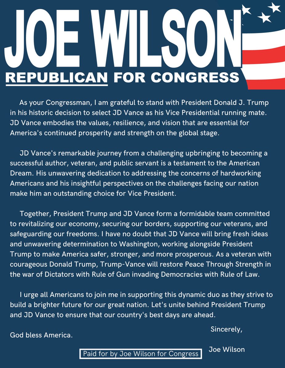 Joe Wilson for Congress (@teamjoewilson) on Twitter photo My statement on the nomination of JD Vance as President Trump’s running mate: My statement on the nomination of JD Vance as President Trump’s running mate: