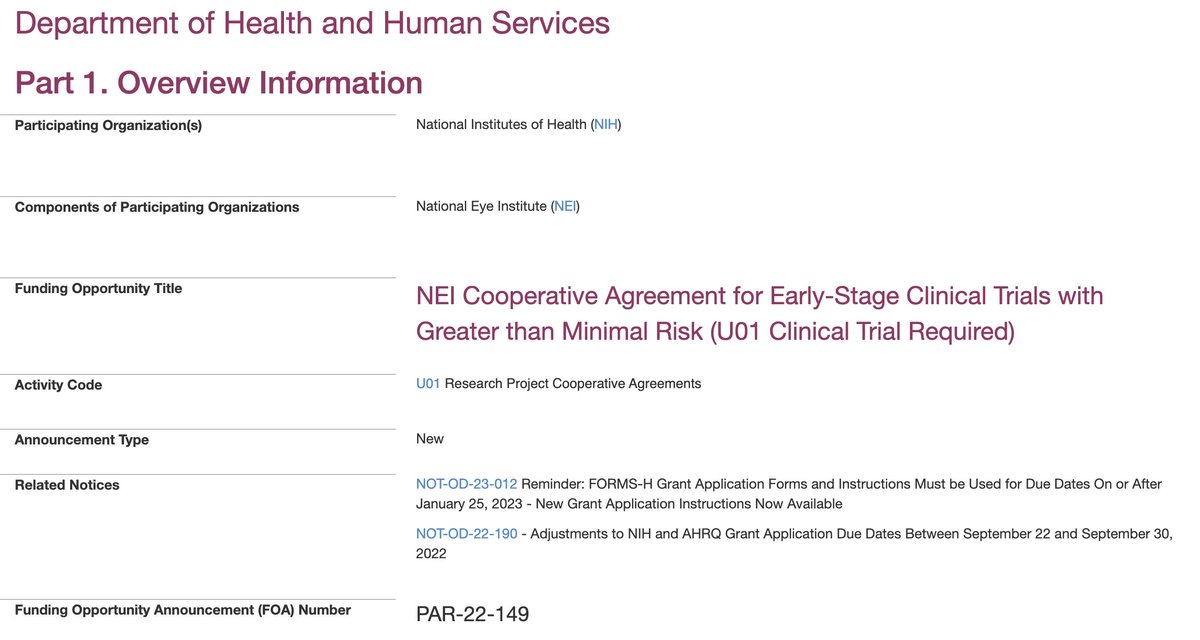 DYK: <a href="/NatEyeInstitute/">NEI</a> seeks to support early-stage clinical trials (e.g., Phase I or II with strong preclinical or preliminary data) through a new program.

Budgets are not limited but need to reflect needs of the proposed project.

Details: grants.nih.gov/grants/guide/p…
