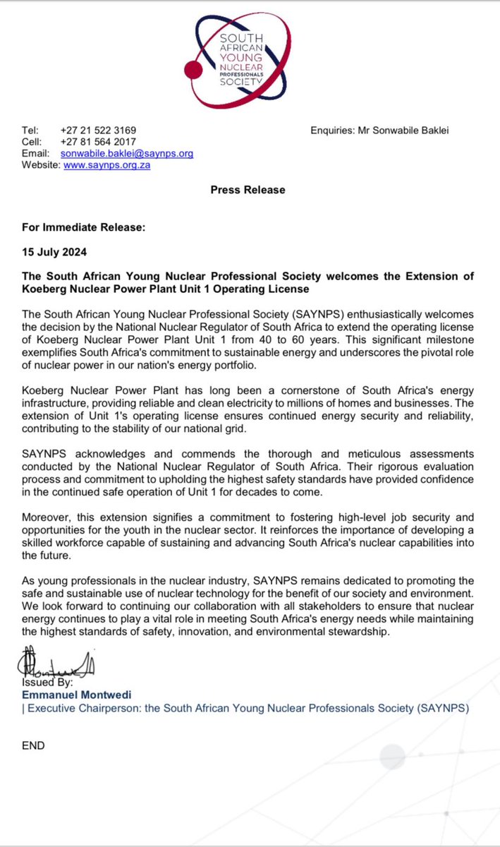 SAYNPS welcomes the decision by the national nuclear regulator <a href="/NucRegSA/">NNR SA</a> to extend the operating life of <a href="/Eskom_SA/">Eskom Hld SOC Ltd</a> Koebeg nuclear power plant unit 1 by 20 more years.

#nuclearisgreen

The EFF Redi Discovery Bank