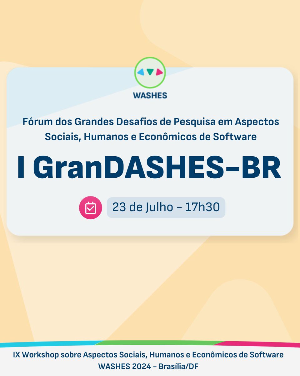 WASHES (@washescommunity) on Twitter photo ✅ Vamos para uma novidade super especial do WASHES 2024? Pois reserve aí na sua agenda: 23 de julho, às 17h30.
💡 Neste ano teremos o I Fórum dos Grandes Desafios de Pesquisa em Aspectos Sociais, Humanos e Econômicos de Software – GranDASHES-BR. ✅ Vamos para uma novidade super especial do WASHES 2024? Pois reserve aí na sua agenda: 23 de julho, às 17h30.
💡 Neste ano teremos o I Fórum dos Grandes Desafios de Pesquisa em Aspectos Sociais, Humanos e Econômicos de Software – GranDASHES-BR.