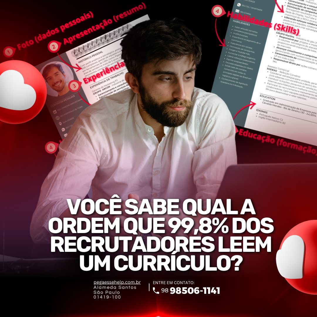 Pega_Esse_Help's tweet photo. Como a maioria dos recrutadores leem as seções de um currículo?  Qual é a primeira seção mais importante? Qual a seção que garante a vaga...?
Se não quiser se preocupar mais com isso,👇chama! https://t.co/lI5mCK4vv7 https://t.co/rYSA79xwqv