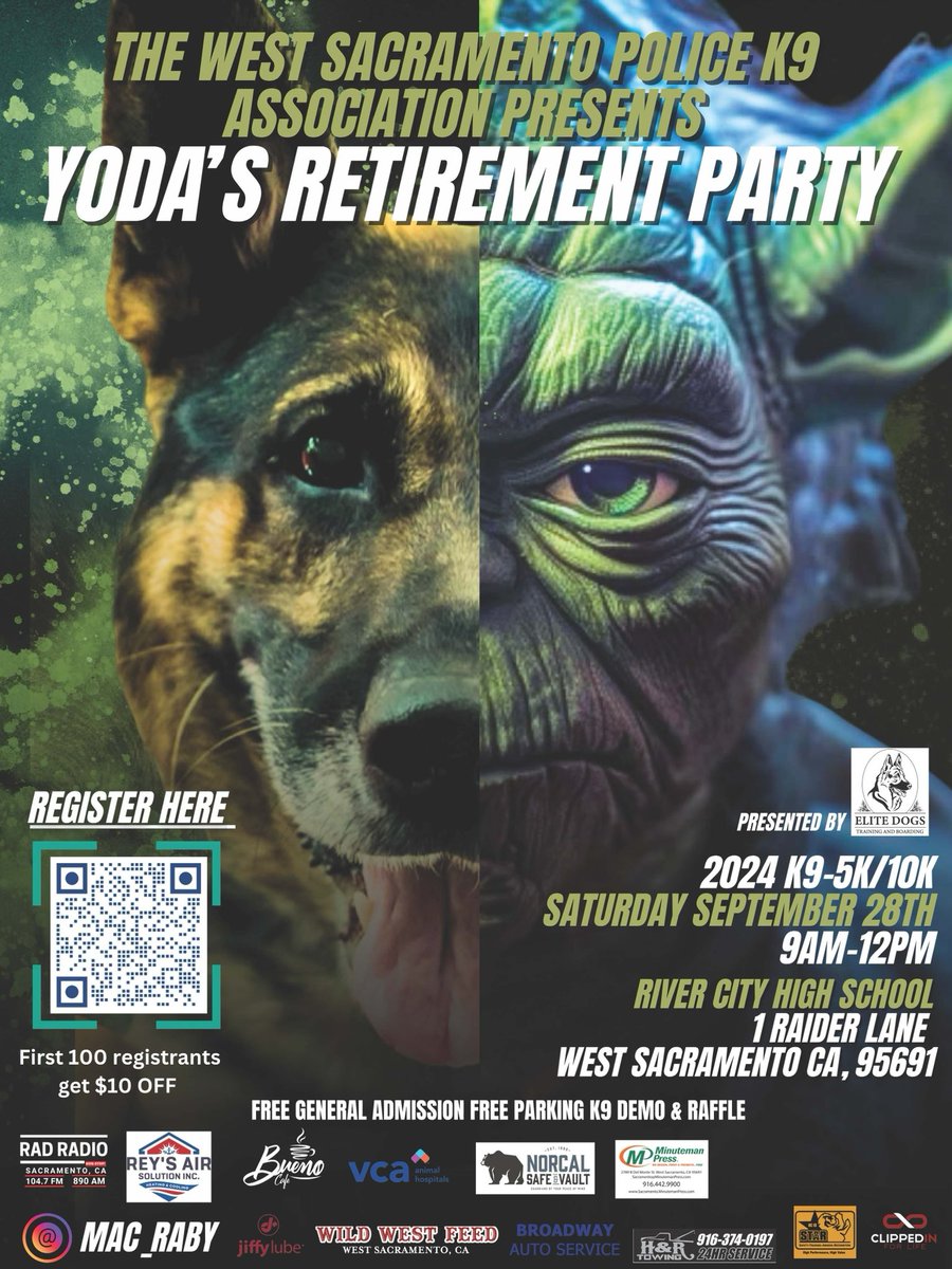 The 2024 West Sacramento Police K-9 Association Run will be celebrating K-9 Yoda’s retirement. Save the date and join the fun!
Funds raised by this event benefit the K9 Association to assist with the expenses of our retired canines.
Register today: my.raceresult.com/296651/registr…