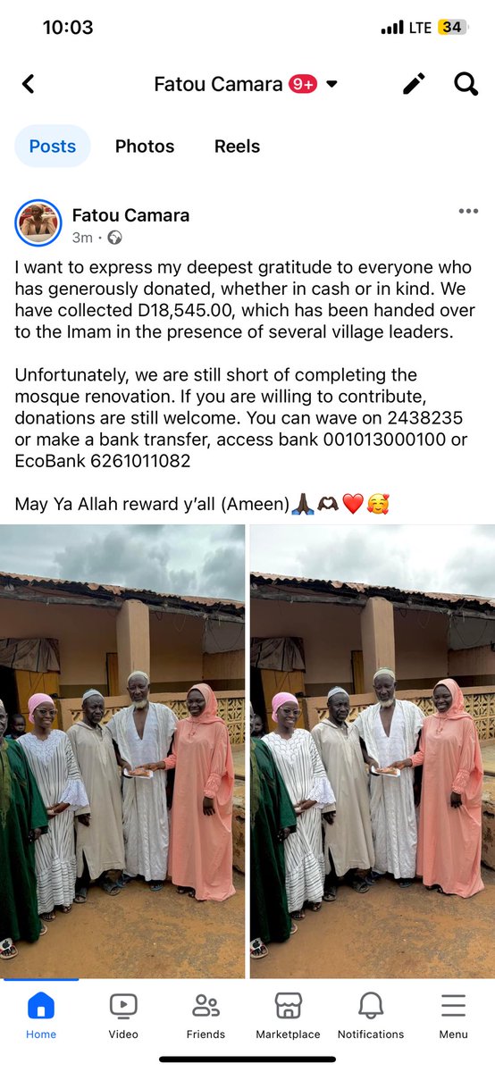 aspiringauditor's tweet photo. Deepest gratitude to all who donated for the mosque renovation. 
We've collected D18,545.00, handed over to the Imam. Still short to complete the project. 
Donations welcome via Access Bank: 001013000100 or EcoBank: 6261011082. May Allah bless y’all (Ameen) 🙏🏿❤️🫶🏿🥰 https://t.co/07T62bPNpG