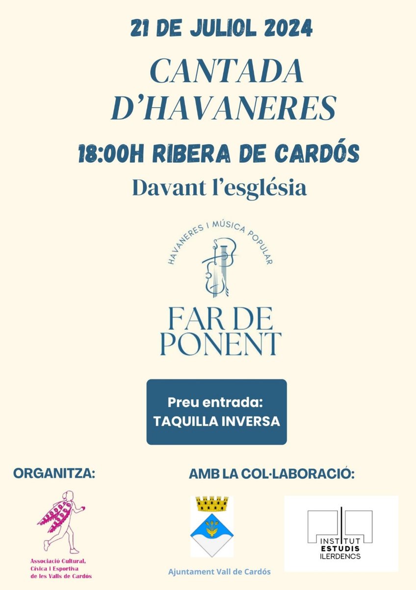 visitpallars's tweet photo. 🔜Diumenge 22 de juliol a Ribera de Cardós cantada🎶 d'havaneres amb FAR DE PONENT.
Més informació al cartell 👇🏻
#havaneres #valldecardos #pallarssobirà #vallsdelaltpirinue https://t.co/fhc9kXlMBu