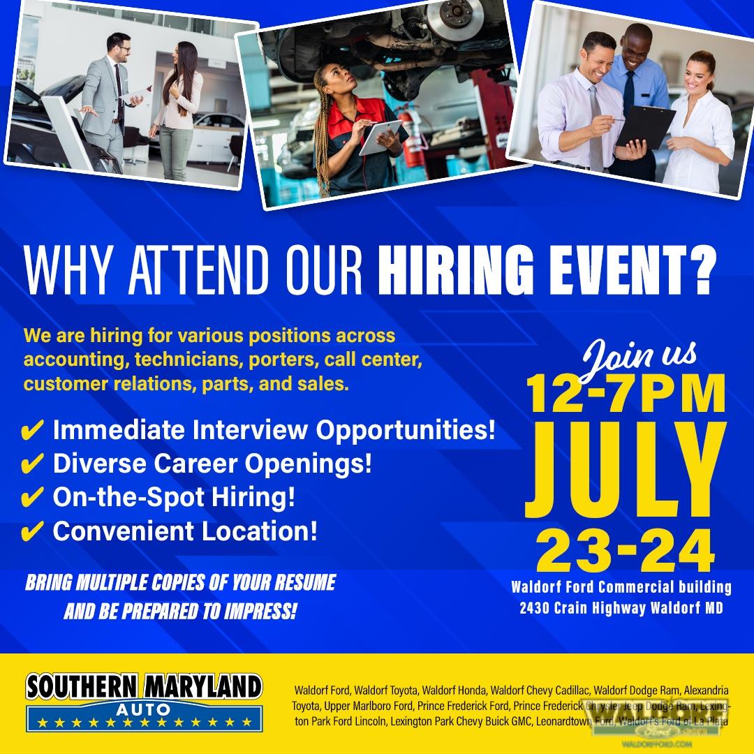 waldorfford's tweet photo. Looking for a rewarding career opportunity? Join us at the Southern Maryland Auto Group Hiring Event! Taking place at the Waldorf Ford Commercial building on July 23 and 24 from noon to 7 PM, this event is your chance to connect with a dynamic and growing company. 

We are hir... https://t.co/zDgYFLmo33