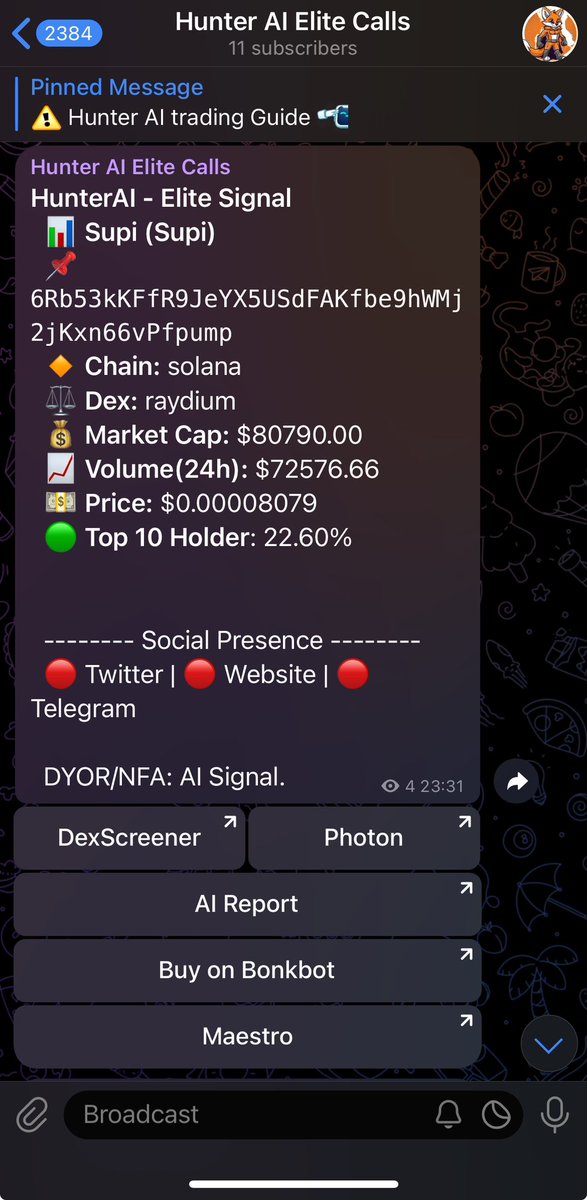 CCryptique's tweet photo. @supisolcto called early on the @HunterAI_Bot. Get in strong community and pushing. Trending top 20 on dexscreener in 1 hour 🤯 #pumpfun #hunterai https://t.co/eLkjM7KHls