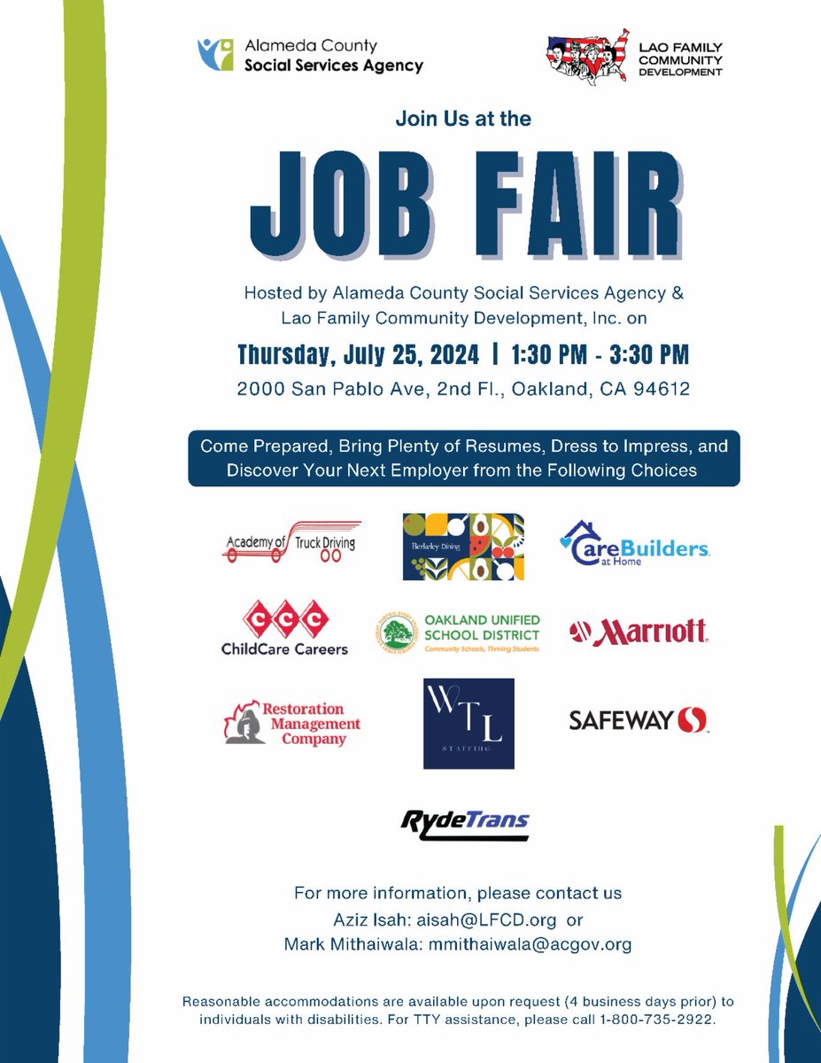 socialservices's tweet photo. All job seekers are invited to attend the upcoming job fair hosted by the Alameda County Social Services Agency and Lao Family Community Development:

Thursday, July 25, 2024
1:30 pm - 3:30 pm
Location: 2000 San Pablo Ave, Oakland, 2nd floor. https://t.co/GYbOT5ZI9a