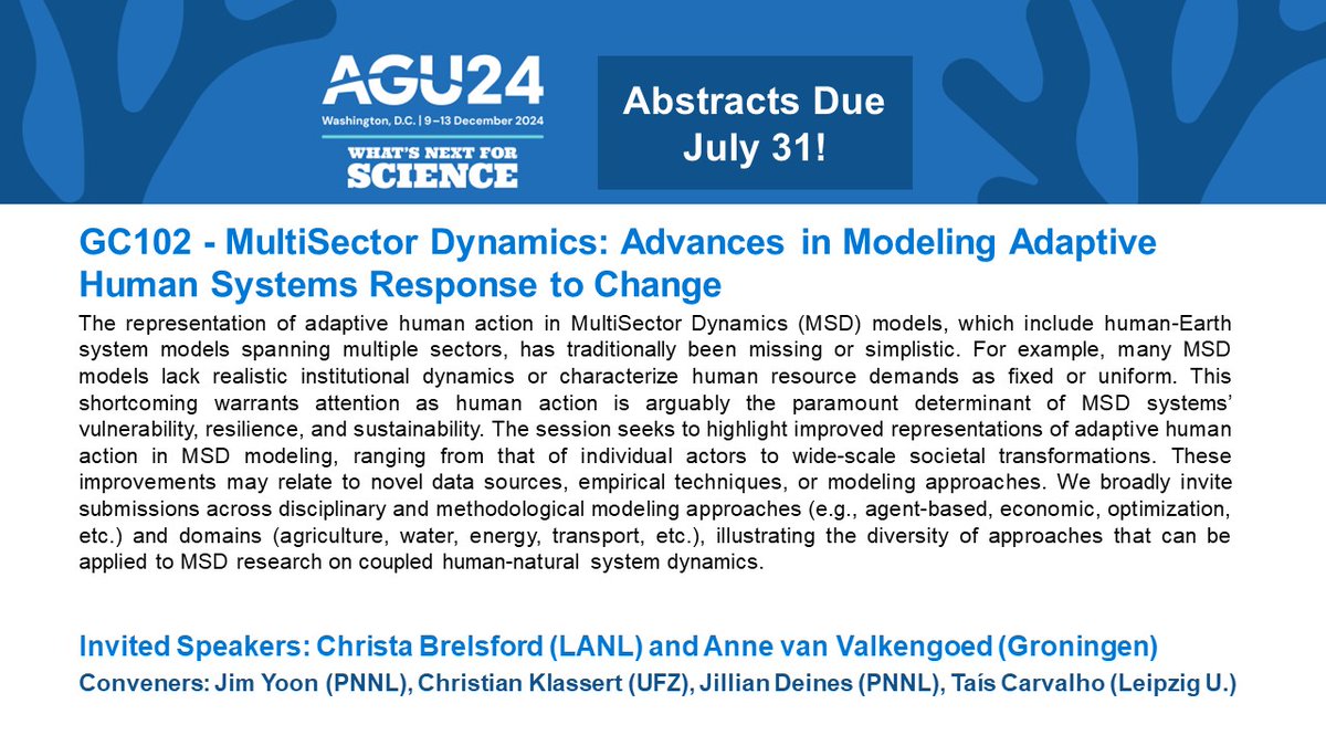 Jim Yoon (@jimjyoon) on Twitter photo Interested in #climate #adaptation, <a href="/multi_sector/">MultiSector Dynamics</a>, & #coupled #human #natural system research? Submit an abstract to our human systems #AGU24 session! Invited speakers: Christa Brelsford, @annevalkengoed, Co-conveners: <a href="/ChrisKlassert/">Christian Klassert (christianklassert.bsky.social)</a> <a href="/JillDeines/">Jillian Deines</a> <a href="/taismncarvalho/">Taís Carvalho</a> Interested in #climate #adaptation, <a href="/multi_sector/">MultiSector Dynamics</a>, & #coupled #human #natural system research? Submit an abstract to our human systems #AGU24 session! Invited speakers: Christa Brelsford, @annevalkengoed, Co-conveners: <a href="/ChrisKlassert/">Christian Klassert (christianklassert.bsky.social)</a> <a href="/JillDeines/">Jillian Deines</a> <a href="/taismncarvalho/">Taís Carvalho</a>