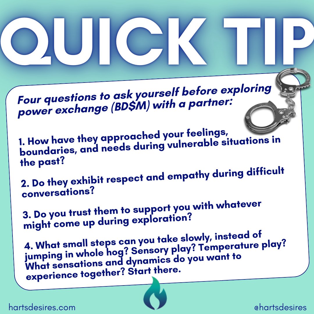 Here are 4 important questions to ask yourself &amp; reflect on before jumping on the #BDSM train with your partner.

While these are especially important for beginners, the same questions may apply if you’re looking to dabble with more hardc0re interests too.
#kinky #kinkcommunity