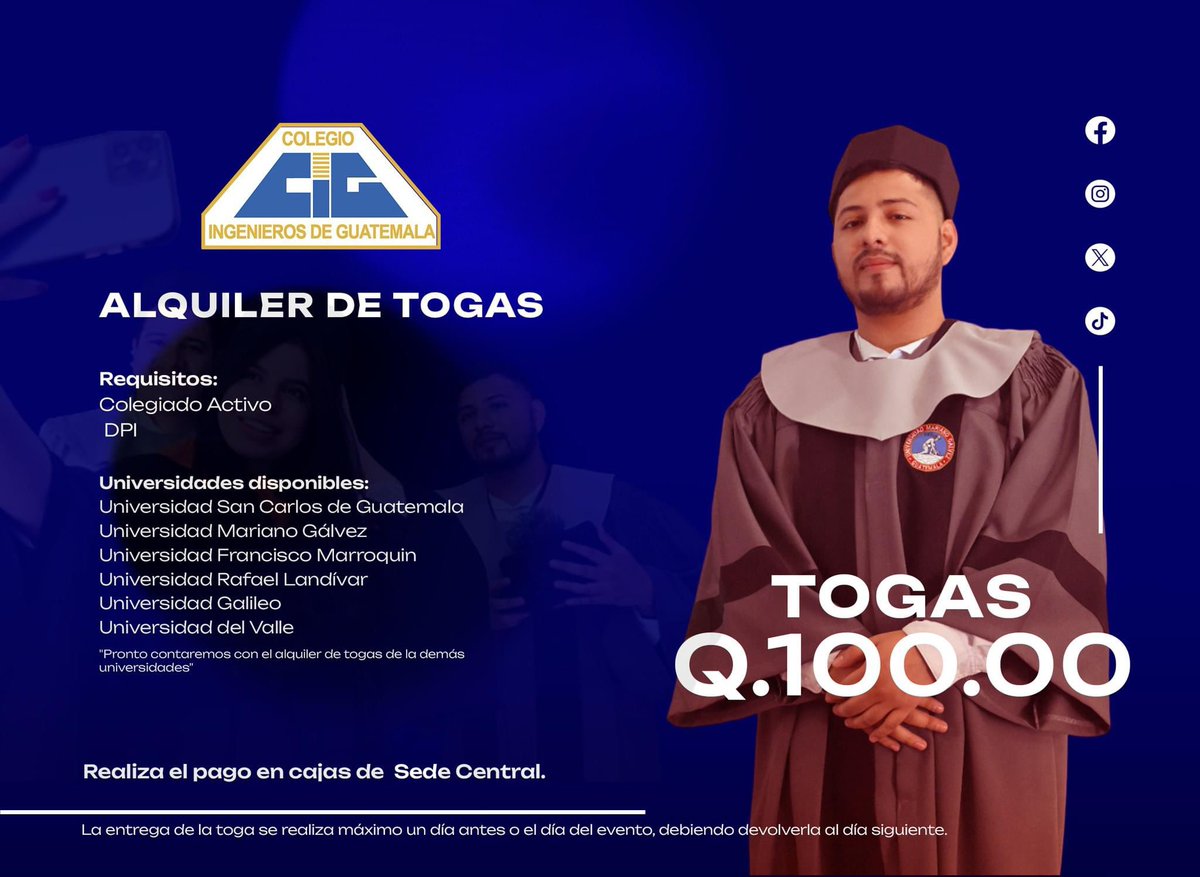 gt_cig's tweet photo. ¡Atención Ingenieros! 

¿Necesitas alquilar una toga? En el Colegio de Ingenieros de Guatemala tenemos la solución para ti. Por tan solo Q. 100.00 podrás alquilar la toga de la universidad que desees.

#AlquilerDeTogas #Graduación #ColegioDeIngenierosGT https://t.co/EKLmeubTHA