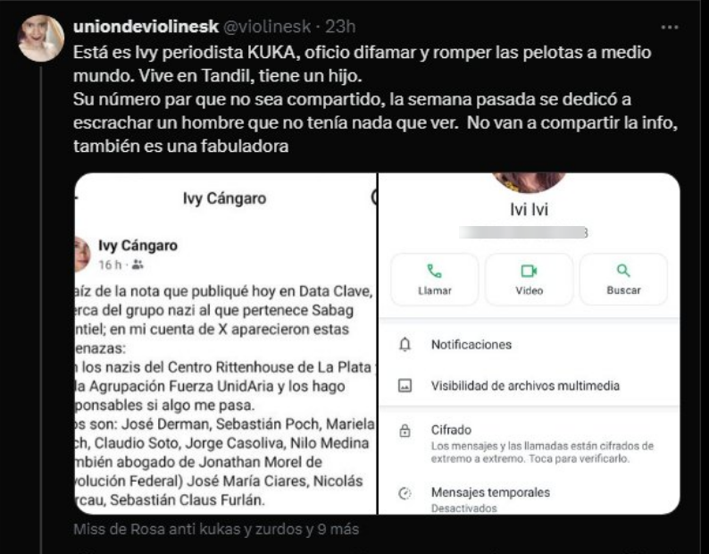 Ivy_Cangaro's tweet photo. Sebastián Poch, líder de "Fuerza UnidAria" sigue posteando mi número de teléfono y algunos datos.

Como sabrán, por las amenazas de muer te de este nazi confeso y de sus secuaces, se inició una causa y estoy con custodia permanente, por lo que esto se sumará a la denuncia. https://t.co/AnJHkraJ6H
