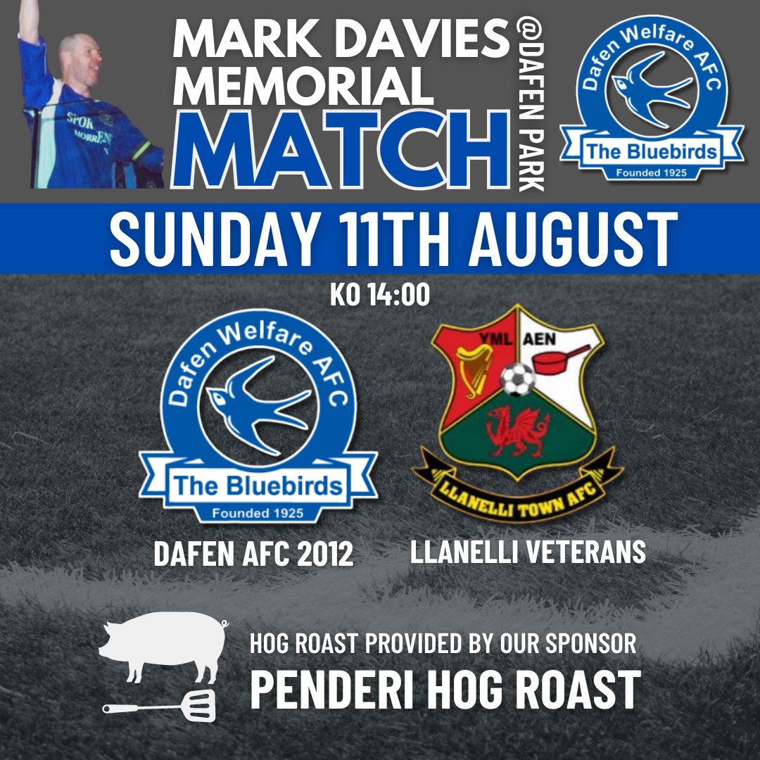 The memorial match is in its third year celebrating the life of our former captain Mark Davies. Dafen’s West Wales Intermediate Cup winning team of 2012 host Llanelli Veterans. Sunday 11th August 2024 KO 14:00 at Dafen Park 💙