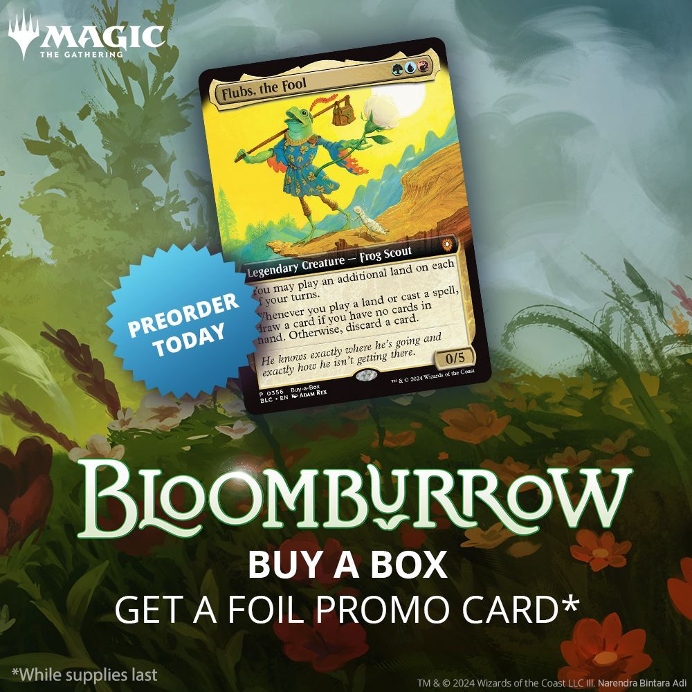 Preorder a box of Bloomburrow today and get this little guy with to take home with you! Flubs the Fool is available for any purchase of a play or collector booster box while supplies last. #MTGBLB #MTGBloomburrow

buff.ly/35hQQV6
