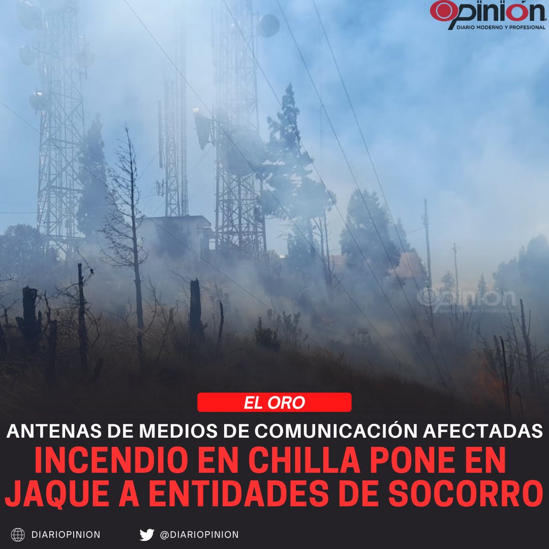 diariopinion's tweet photo. #Atención | Un #incendio de gran magnitud continúa su curso hacia las montañas del cantón #Chilla y los sectores aledaños, dejando grandes pérdidas en varios sectores que afecta al desarrollo productivo de la provincia.
El #flagelo comenzó la tarde de este lunes 15 de julio, por razones aún no esclarecidas y se ha propagado rápidamente por el sector, dejando gran cantidad de vegetación en las ruinas, #flora, #fauna y toda la vida silvestre se han consumido, muchos animales han sido encontrados muertos en este trayecto.
Producto del fuerte incendio #forestal registrado, se han presentado novedades en el sistema de distribución de energía #eléctrica de varios puntos del cantón Chilla, incluida la zona donde están ubicadas las antenas de distintos medios de comunicación.
Personal técnico de la Corporación Nacional de Electricidad de la Unidad de Negocio #ElOro, se encuentran presentes en el sector para efectuar cualquier reparación, que se pueda ejecutar siempre y cuando se apaguen las llamas por parte del cuerpo de #bomberos.
Personal del Cuerpo de Bomberos luchan contra el tiempo intentando sofocar el fuego, se han unido equipos de la Casaca Roja de otros cantones para ayudar en esta labor, pero el #fuego avanza aceleradamente por el viento y la densa montaña seca que hace más complejo el tema para combatir el fuego, se dijo.
Las autoridades de la provincia, lideradas por el gobernador trabajan en la planificación y las medidas para poder controlar el fuego que ha consumidos cientos de hectáreas de montaña, vale la pena recordar que el año anterior ocurrió un incendio similar y demoraron varios días para lograr controlar.
Este incendio deba severos daños al medio ambiente, a la naturaleza y al sector productivo, tomando en cuenta que el fluido eléctrico ha sido suspendido por que se ha afectado la red de energía y a ello se suma los daños en las atenas de los diferentes medios de comunicación.