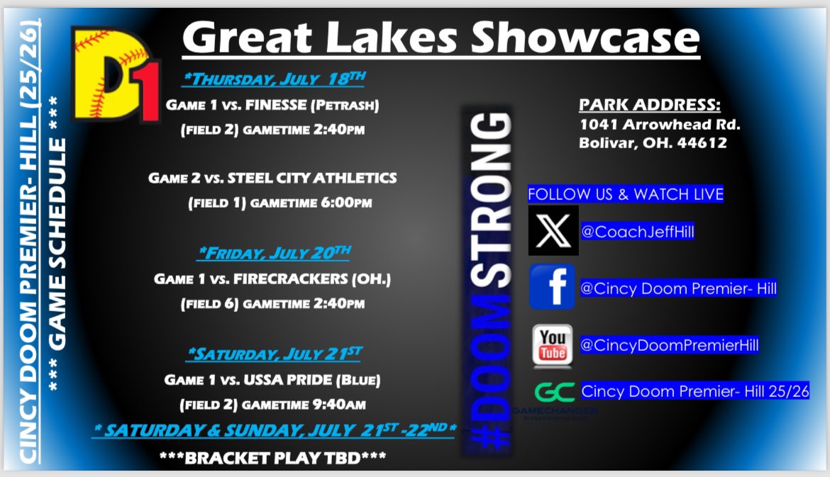 (Coach Jeff) Cincy Doom Premier- Hill (@coachjeffhill) on Twitter photo Playing for one of the Best in the Midwest this weekend at <a href="/d1fastpitch1/">D1 Fastpitch</a> Great Lakes Showcase! Excited to play at a New Park! Mostly Turf too!
📍Park Address:
1041 Arrowhead Rd.
Bolivar, OH.
🗓️Thursday 7/18🗓️
🥎G1 🆚 <a href="/FinessePetrash/">Finesse 16u Petrash</a>
🏟️F2 (⏰ 2:40pm)
🥎G2 🆚 Playing for one of the Best in the Midwest this weekend at <a href="/d1fastpitch1/">D1 Fastpitch</a> Great Lakes Showcase! Excited to play at a New Park! Mostly Turf too!
📍Park Address:
1041 Arrowhead Rd.
Bolivar, OH.
🗓️Thursday 7/18🗓️
🥎G1 🆚 <a href="/FinessePetrash/">Finesse 16u Petrash</a>
🏟️F2 (⏰ 2:40pm)
🥎G2 🆚
