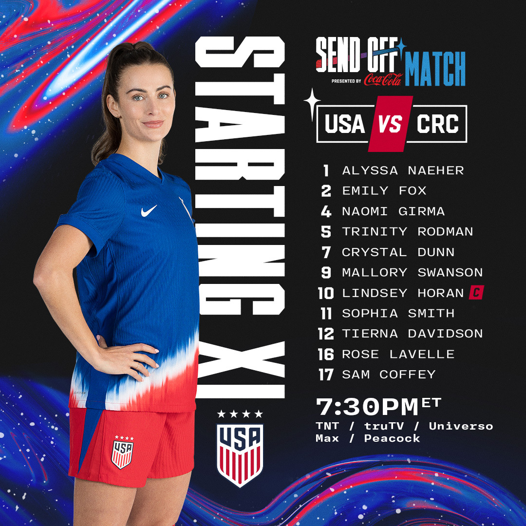 USWNT's tweet image. Our XI in The Capital 🇺🇸

Full Lineup Notes » ussoc.cr/240716-USACRC-…

Send-Off Match, presented by @CocaCola
