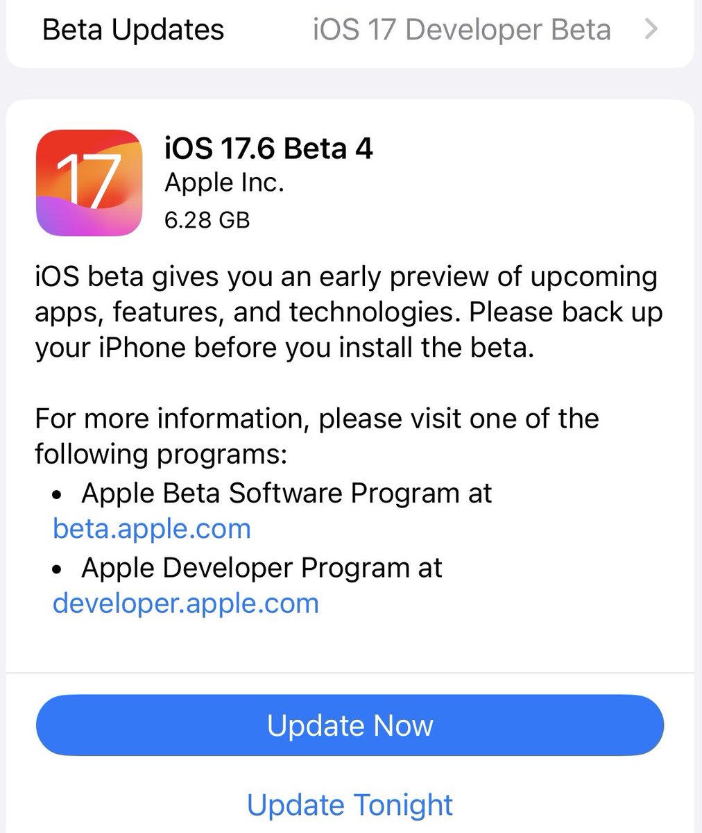 itech4mac's tweet photo. iOS 17.6 developer beta 4 !!

Size: 6.28 GB

#apple #ios #ios18 #beta #iphone #iphone16 #iphone15 #IOS18beta #ios18beta1 #ios17 #ios17beta https://t.co/Tw7rNSyL5G