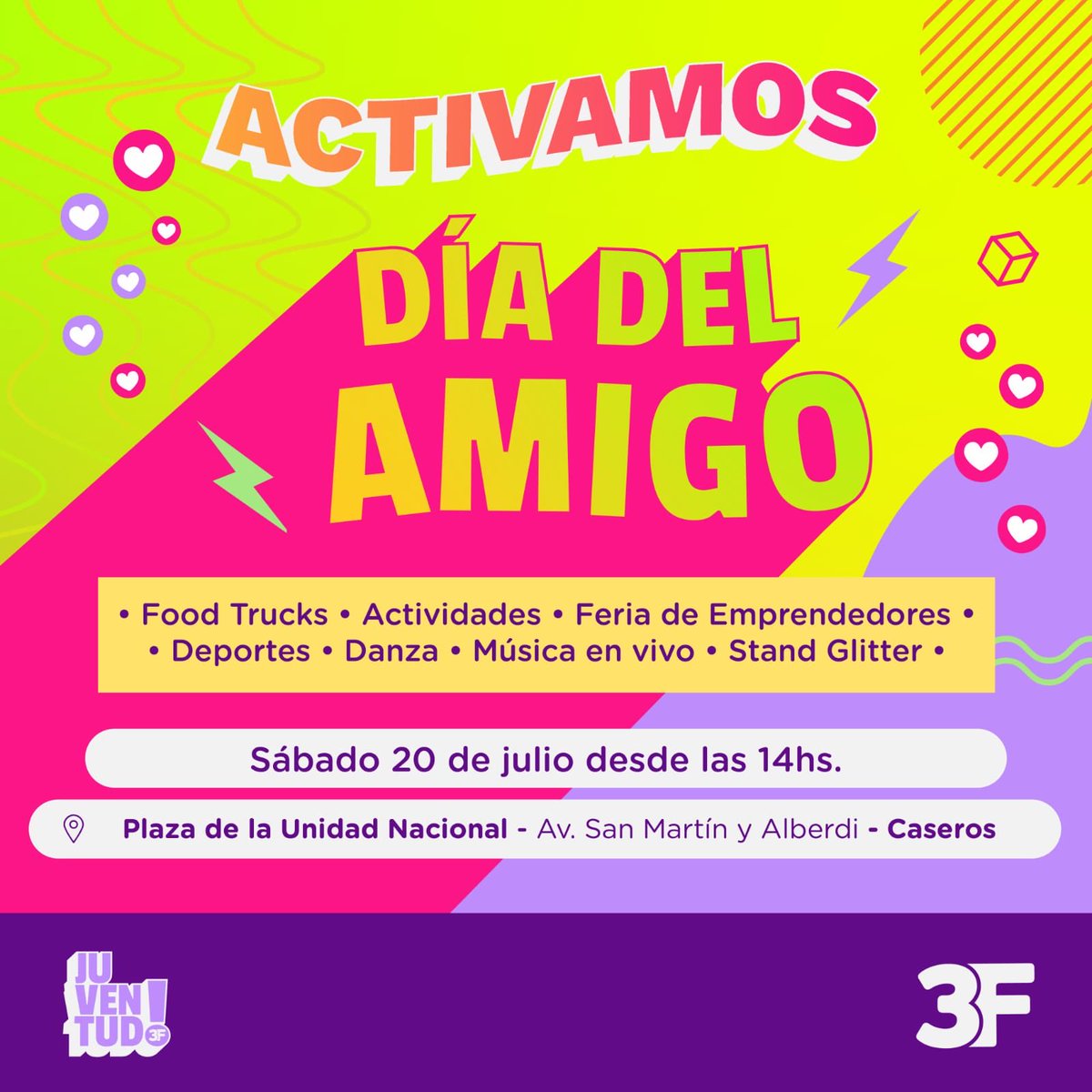 dievalen's tweet photo. El sábado 20 de julio vení a festejar el #DíaDelAmigo en nuestro #Activamos. Te esperamos en la Plaza de la Unidad Nacional de #Caseros a partir de las 15 h para disfrutar de bandas en vivo, foodtrucks, feria de emprendedores y mucho más.
¡No te lo pierdas! ✨ https://t.co/6GtYHSzK9Z