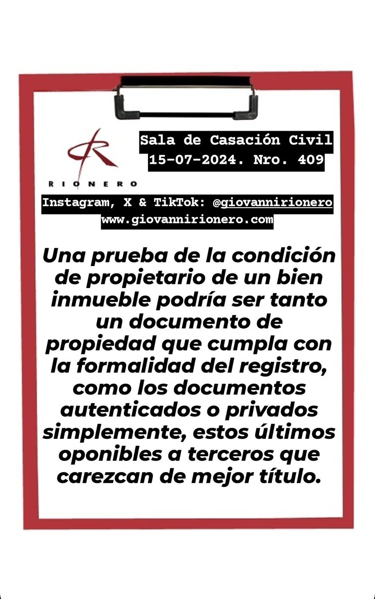 GiovanniRionero's tweet photo. #Propiedad Reciente sentencia -importante en el contexto de procesos penales-, en la cual se advierte que una prueba fehaciente de la condición de propietario de un bien inmueble podría ser tanto un documento de propiedad que cumpla con la formalidad del registro, como los documentos autenticados o privados simplemente.
#DerechoPenal
#DerechoPenalEspecial
#DerechoProcesal
#ProcesalPenal
#ProcesoPenal
#Proceso
#Abogado
#Justicia
#Litigio
#Tribunales
#Fiscalía
#Venezuela
#Jurisprudencia
#Acusación
#Delitos
#Autos
#Sentencia
#Abogados
#Defensor
#Investigación
#AudienciaPreliminar 
#Imputado
#Víctima
#Tribunal
#Policías
#ÓrganosPoliciales
#Pruebas
#Recursos
#Juicio