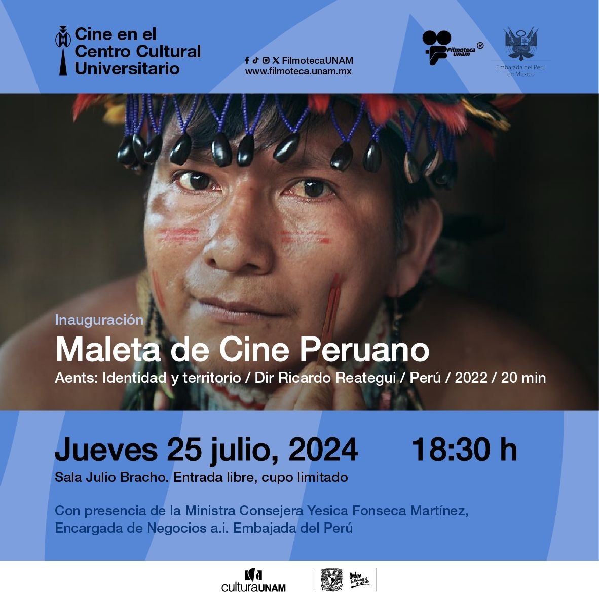 Perú En México (@elperuenmex) on Twitter photo La Embajada del Perú y la <a href="/FilmotecaUNAM/">Filmoteca UNAM</a> inauguran un ciclo de cine con motivo de la celebración por Fiestas Patrias 🇵🇪, este jueves 25 de julio a las 6:30 PM en la Sala Julio Bracho del Centro Cultural Universitario de la UNAM. Sigue toda la programación. Ingreso libre. La Embajada del Perú y la <a href="/FilmotecaUNAM/">Filmoteca UNAM</a> inauguran un ciclo de cine con motivo de la celebración por Fiestas Patrias 🇵🇪, este jueves 25 de julio a las 6:30 PM en la Sala Julio Bracho del Centro Cultural Universitario de la UNAM. Sigue toda la programación. Ingreso libre.
