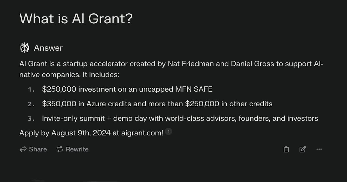 We are excited to launch Batch 4 of AI Grant! 🎉

Applications are now open and due on August 9th.  

Follow <a href="/aigrant/">AI Grant</a> for updates and the link to apply is in the thread below
