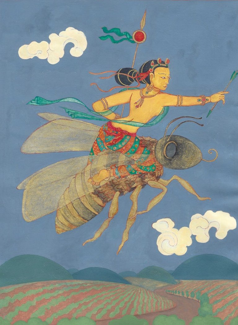 Tibetan Bon Goddess of travel and protector deity, Chammo Lam Lha riding a golden queen bee by American thangka artist, Laura Santi.