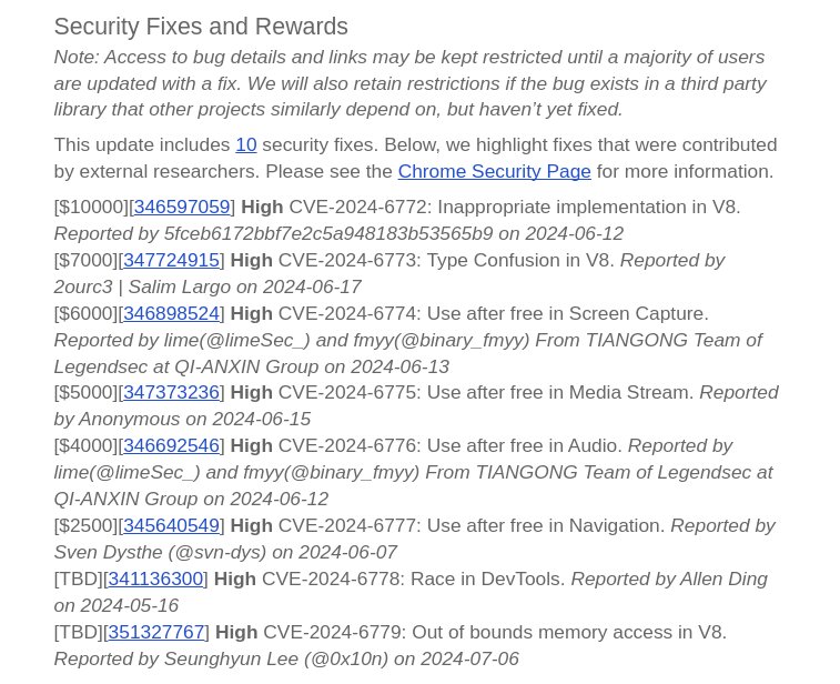 2ourc3's tweet image. Really proud! My vulnerability in Chrome v8 has been disclosed today! CVE-2024-6773 Type confusion in the v8 engine. 
 chromereleases.googleblog.com/2024/07/stable…