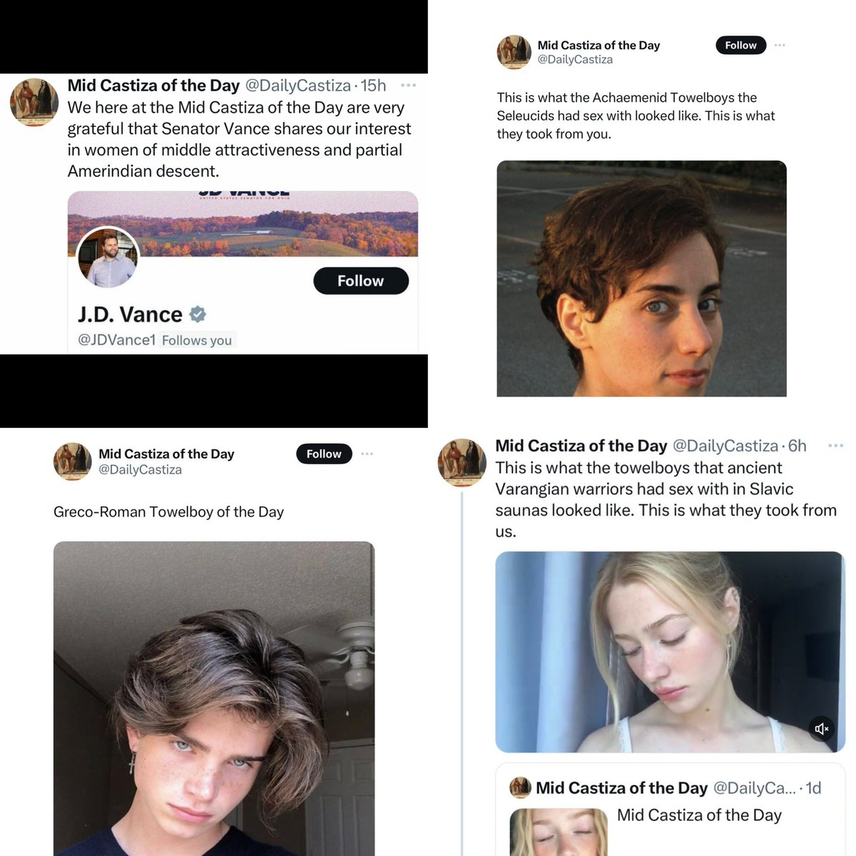 The potential next Vice President of the United States JD Vance follows an account dedicated to “Castiza women” which often glorifies pederastic sex in the ancient world with posts about “towel boys” and catamites. So normal