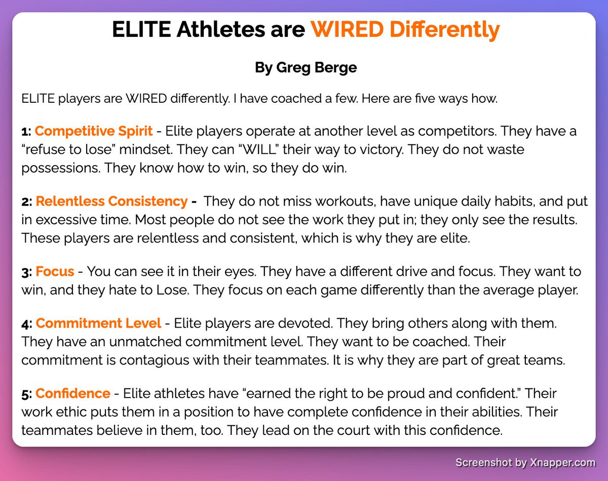 GregBerge's tweet photo. Elite Athletes are Wired Differently.

I have coached a few.

Here are 5 ways they are wired differently.