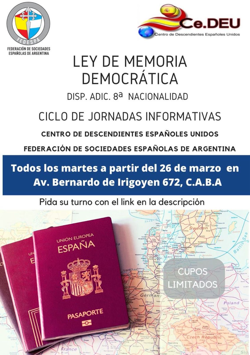 Seguimos asesorando de todo ❤️por NACIONALIDAD ESPAÑOLA de forma gratuita para que todos los que puedan presentarse presenten su carpeta ordenada y sacarse dudas 🇪🇸🇦🇷🫂. Con turno previo 👇

darturnos.com/TurnosCedeu/47…