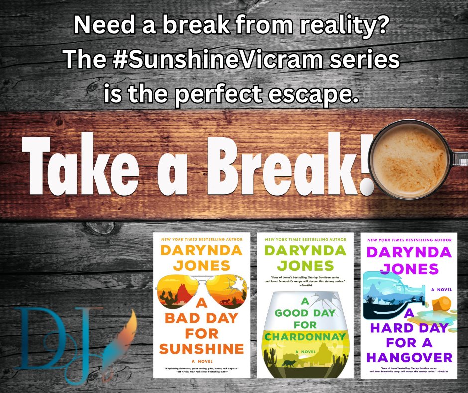 Darynda's tweet photo. Need a break from reality? The #SunshineVicram series by @Darynda is the perfect escape. Humor, heart, and a whole lot of mystery await! 🌞📖 https://t.co/YZVfgSu8tB https://t.co/Zn6y2J3puO