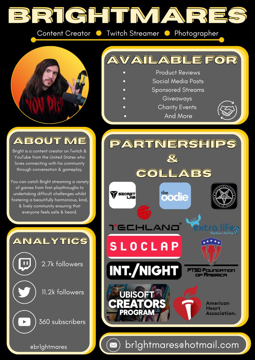 StilltoneLive's tweet image. Wake up babe a new Brightmares media kit just dropped 👀 🔥

We had a great start to the year and I’m ready for new opportunities! Feel free to jump in my DMs or email me at br1ghtmares@hotmail.com ✨

Thank you for all the support and love lately! It’s been incredibly fun!