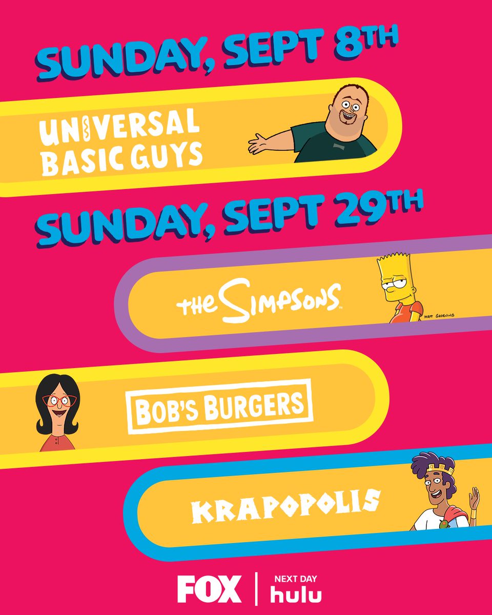 AniDom's tweet image. this calendar looks nice to me 💯

the #universalbasicguys series premiere drops september 8 and season premieres of #thesimpsons, #bobsburgers, &amp;amp; #krapopolis arrive september 29 on @FOXTV!