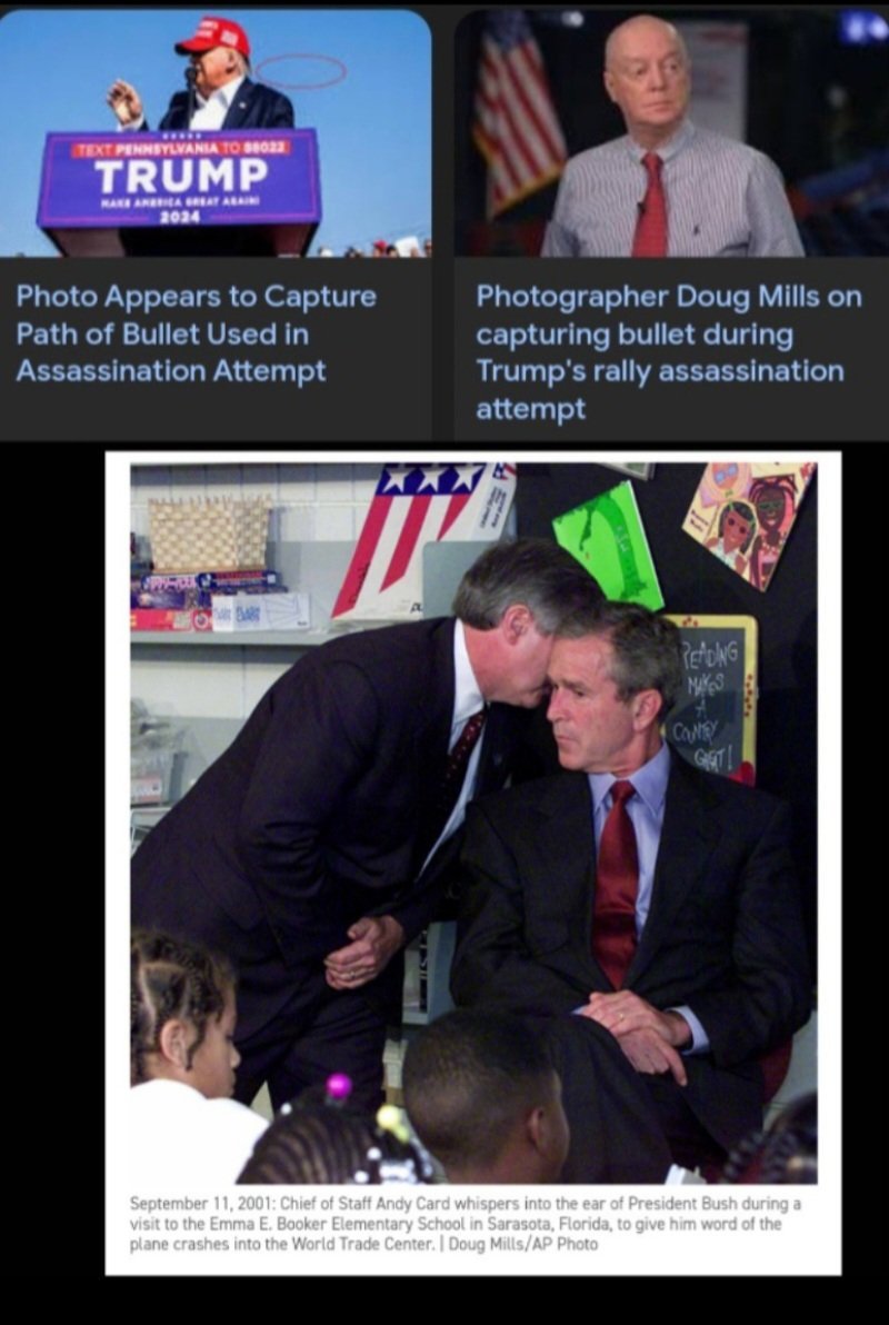 OVNIS_UFOs's tweet photo. 🐍🪐⚠️🇺🇸 Entonces, el fotógrafo #DougMills, que supuestamente capturó la #foto de la #bala, fue también el fotógrafo que tomó la foto de 🐍#GeorgeBush en el aula el 11 de septiembre.
https://t.co/EpXk993swE https://t.co/xq023txfCT