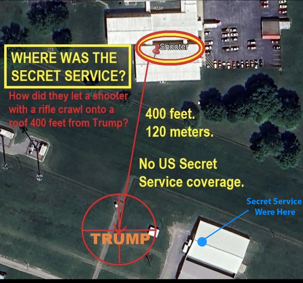 wdunlap's tweet photo. @elonmusk Who ordered Secret Service to allow a shooter w/ a rifle climb a ladder &amp; crawl onto the closest roof where police were headquartered just 400 feet from Trump in full view of trained snipers who saw him and not get Trump off the stage when sighted &amp; alerted by several attendees? https://t.co/wOaXEZMIdd