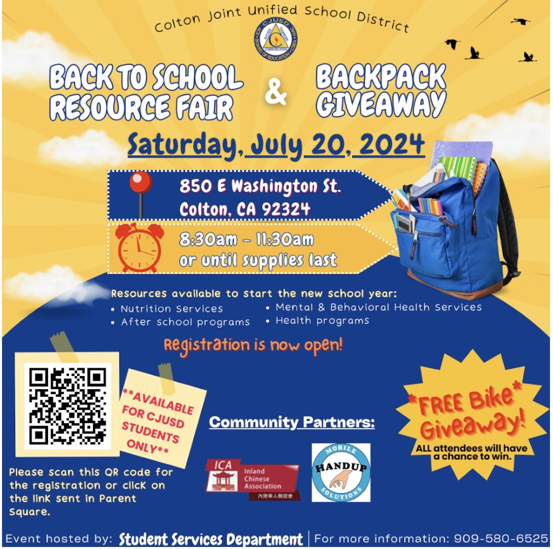 CJUSDStudentSvc's tweet photo. Hello #CJUSD community! Please join us Saturday 7/20/24 at 8:30 am for our Back to School Resource Fair and Backpack Giveaway at 850 E. Washington St in Colton. Please register for this event. Backpacks are on a 1st come, 1st served basis while supplies last. #CJUSDCares https://t.co/Hj3C6qFnb2