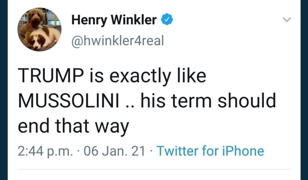 nborderwriter's tweet photo. @RexHuppke @hwinkler4real Real disappointed in you Henry. How’d we get from righteous anger at a fascist to retweeting sympathy for one? https://t.co/x2MYQ2tBEY