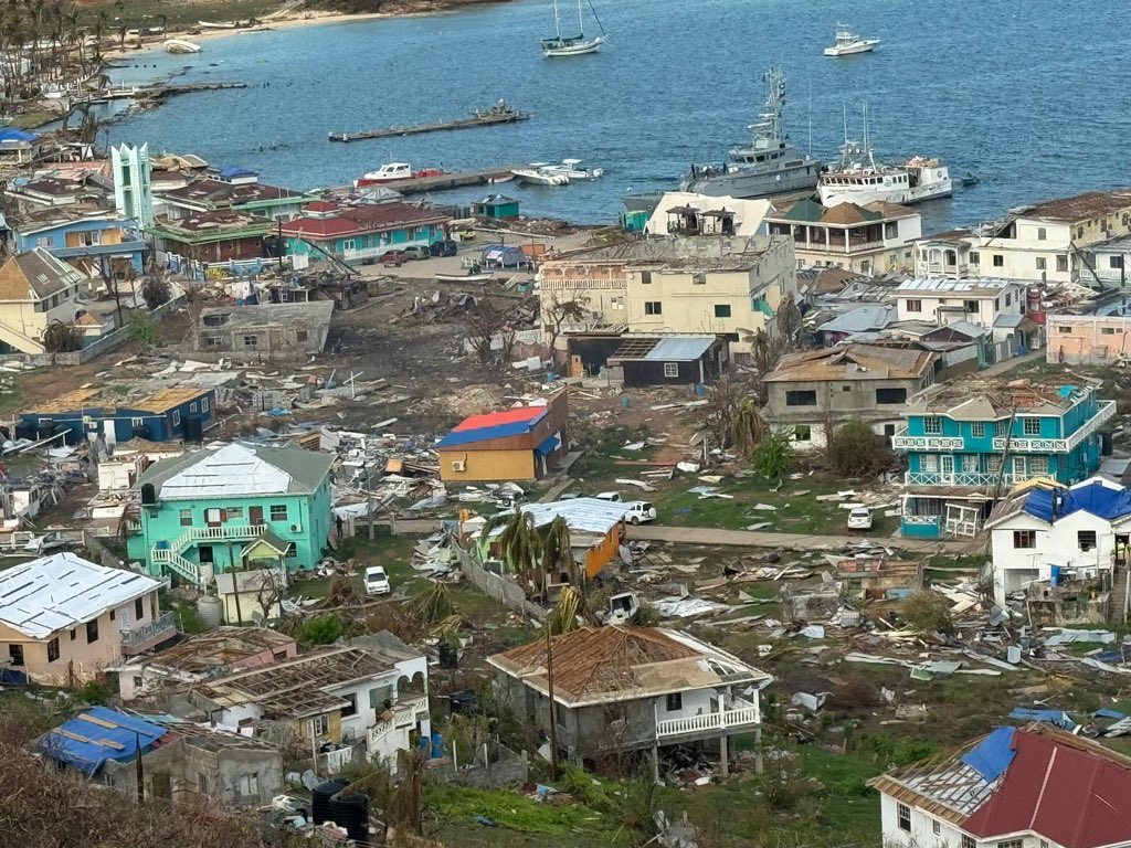 TerranceDrewSKN's tweet photo. Here in St. Vincent and the Grenadines with @ComradeRalph and all other Prime Ministers of the OECS (@PhilipJPierreLC, @SkerritR, PM Gaston Browne and PM Dickon Mitchell). 

I took these pictures while flying over Union Island. This is pure devastation!

We continue to stand in solidarity with our brothers and sisters in the affected islands.

Climate change is here. This is a clear message to us that we must prepare and we must do it now. 

#ClimateCrisis 
#ClimateJustice
