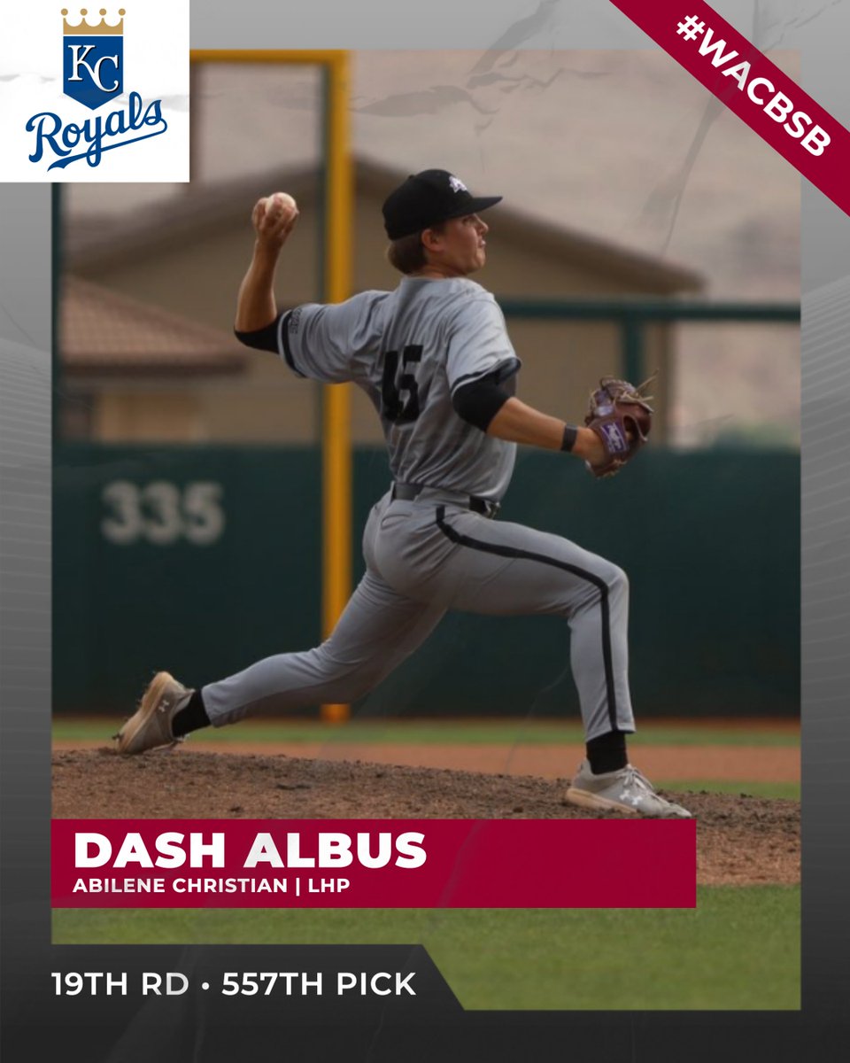 The Western Athletic Conference (@wacsports) on Twitter photo Congratulations to Dash Albus (<a href="/ACU_Baseball/">ACU Baseball</a>), the 557th overall pick (Round 19) of the 2024 MLB Draft to the <a href="/Royals/">Kansas City Royals</a>!
#OneWAC x #WACbsb Congratulations to Dash Albus (<a href="/ACU_Baseball/">ACU Baseball</a>), the 557th overall pick (Round 19) of the 2024 MLB Draft to the <a href="/Royals/">Kansas City Royals</a>!
#OneWAC x #WACbsb
